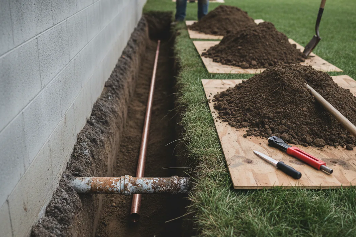 Excavated water line trench during Sewer Line Repair in Devens